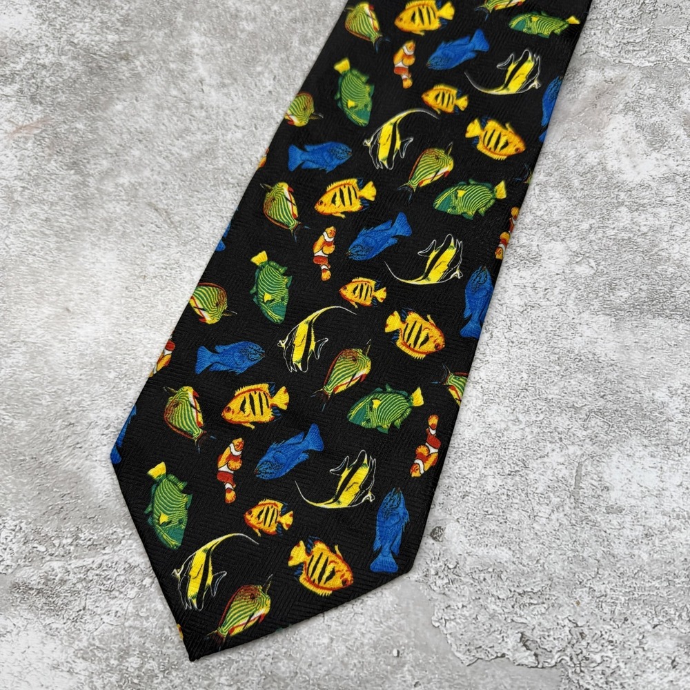 Addiction Tie Mens One Size Black Fish Animal Print Made IKorea‎ Necktie 3.75"
